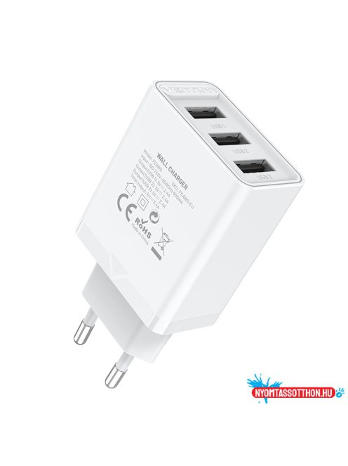 Vention USB-A+A+A (12W/12W/12W, 3-portos, fehér), töltő